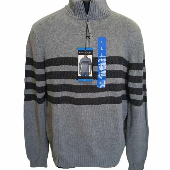 T Tahari Other - Tahari Men Sweater L Grey With Stripes Pullover 1/4 Zip